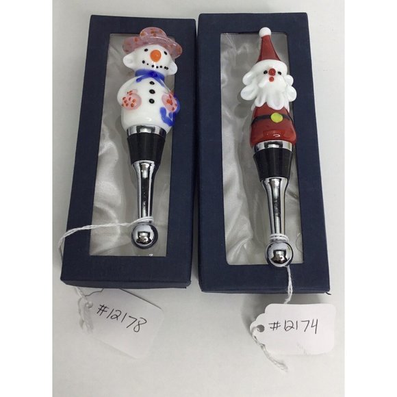 Hand Blown Christmas Wine Bottle Stopper NEW Santa Glass Snowman - Picture 3 of 3